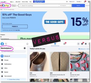 Ebay versus Facebook Marketplace logos and mastheads, with the word Versus between them