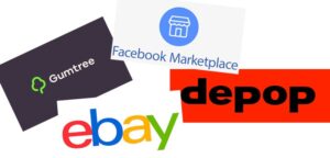 Logos of Gumtree, Facebook Marketplace, eBay and depop show ways to sell unwanted stuff online