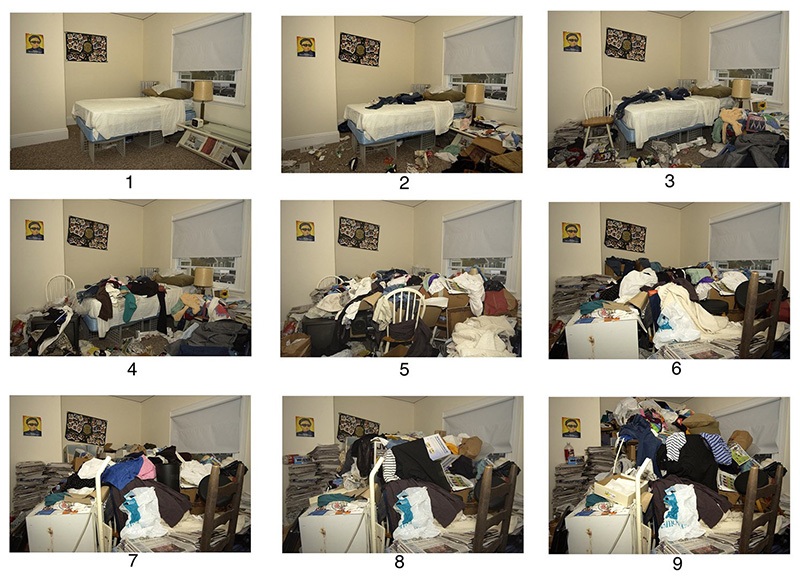 A series of 9 photographs show progression from least to most cluttered in a room to answer Am I a Hoarder