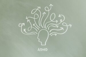 ADHD home organisation hacks, shows a cartoon of a busy ADHD brain